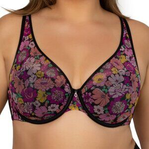 CURVY COUTURE Plus Size Sheer Mesh Plunge T-Shirt Bra Pink Multicolor Floral 40G